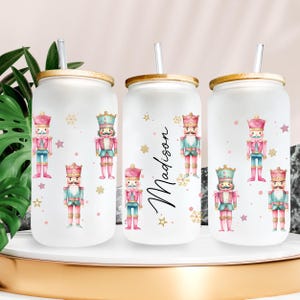 Personalized Pink Nutcracker Glass Tumbler Christmas Glass Iced Coffee Glass Cup Christmas Glass Can Gift for Friends Christmas Coffee Mug