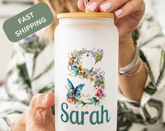 Gepersonaliseerde beker glazen beker Initiaal kopje ijskoffie Glazen glazen beker Cadeau bruidsfeest Gepersonaliseerde ijskoffiekop Initiaal bloemdessin
