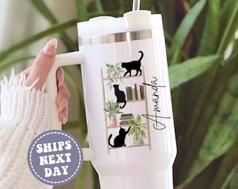Cats And Books Tumbler 40 oz with Handle Book Lover Gift Cat Books Cat Lover Gift Book Lover Gift for Book Lover Gift for Cat Lover