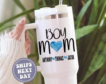 Boy Mom Tumbler with Handle Personalized Boy mom Tumbler with Handle Gift for Mom Travel Mug Mothers Day Gift Boy Mom Cup Gifts from Kids