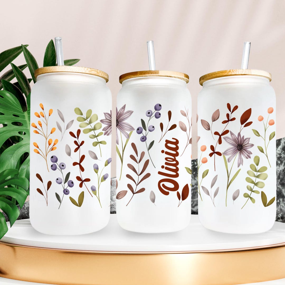 Personalized Iced Coffee Cup Floral Retro Custom Can Glass With Lid and ...