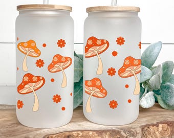 Retro Floral  Mushroom Glass Cup Retro Boho Glass Cup Cute Mushrooms Iced coffee cup iced coffee glass with lid and straw gift for mom