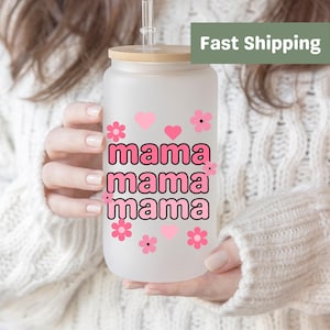 Mama Ice Coffee Cup With Lid and Straw Glass Mom Coffee Gift Custom Gift for Mom New Mom Gift Christmas Gift Birthday Gift for Mom