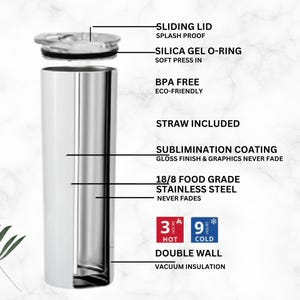 Peut inclure: Un gobelet isotherme en acier inoxydable &agrave; double paroi et isolation sous vide. Il est dot&eacute; d'un couvercle coulissant, d'un joint torique en gel de silice et d'un rev&ecirc;tement par sublimation. Le gobelet est sans BPA et est livr&eacute; avec une paille. Il garde les boissons chaudes pendant 3 heures et froides pendant 9 heures.