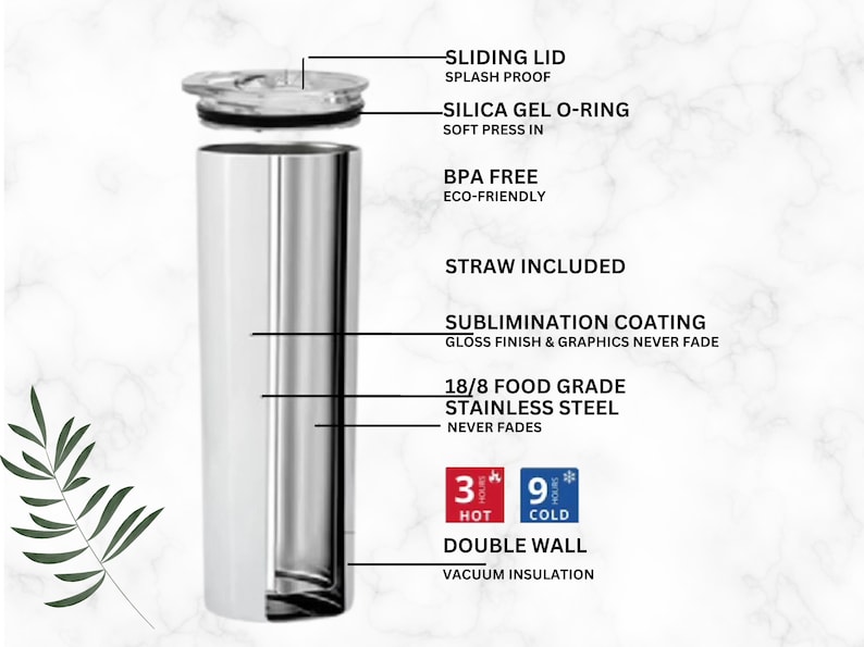Peut inclure: Un gobelet isotherme en acier inoxydable &agrave; double paroi et isolation sous vide. Il est dot&eacute; d'un couvercle coulissant, d'un joint torique en gel de silice et d'un rev&ecirc;tement par sublimation. Le gobelet est sans BPA et est livr&eacute; avec une paille. Il garde les boissons chaudes pendant 3 heures et froides pendant 9 heures.