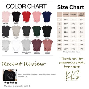 May include: Color chart showing various t-shirt colors, including soft pink, black heather, red, pink, navy, dark grey, heather dust, dark grey heather, forest, black, ash, white, solid athletic grey, heather maroon, and heather mauve. Size chart with measurements in inches for XS, S, M, L, XL, 2XL, 3XL, and 4XL.