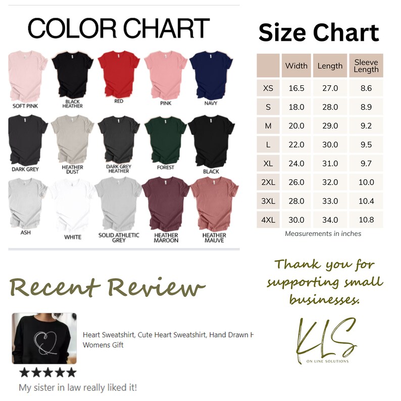 May include: Color chart showing various t-shirt colors, including soft pink, black heather, red, pink, navy, dark grey, heather dust, dark grey heather, forest, black, ash, white, solid athletic grey, heather maroon, and heather mauve. Size chart with measurements in inches for XS, S, M, L, XL, 2XL, 3XL, and 4XL.