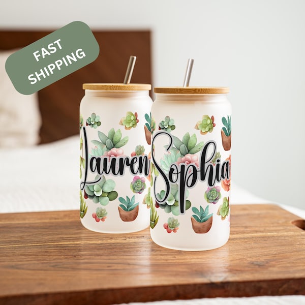 Succulent Glass Cup Iced Coffee CupPersonalized Succulent Gift Can Glass with Lid and Straw Birthday Gift Succulent Glass Tumbler