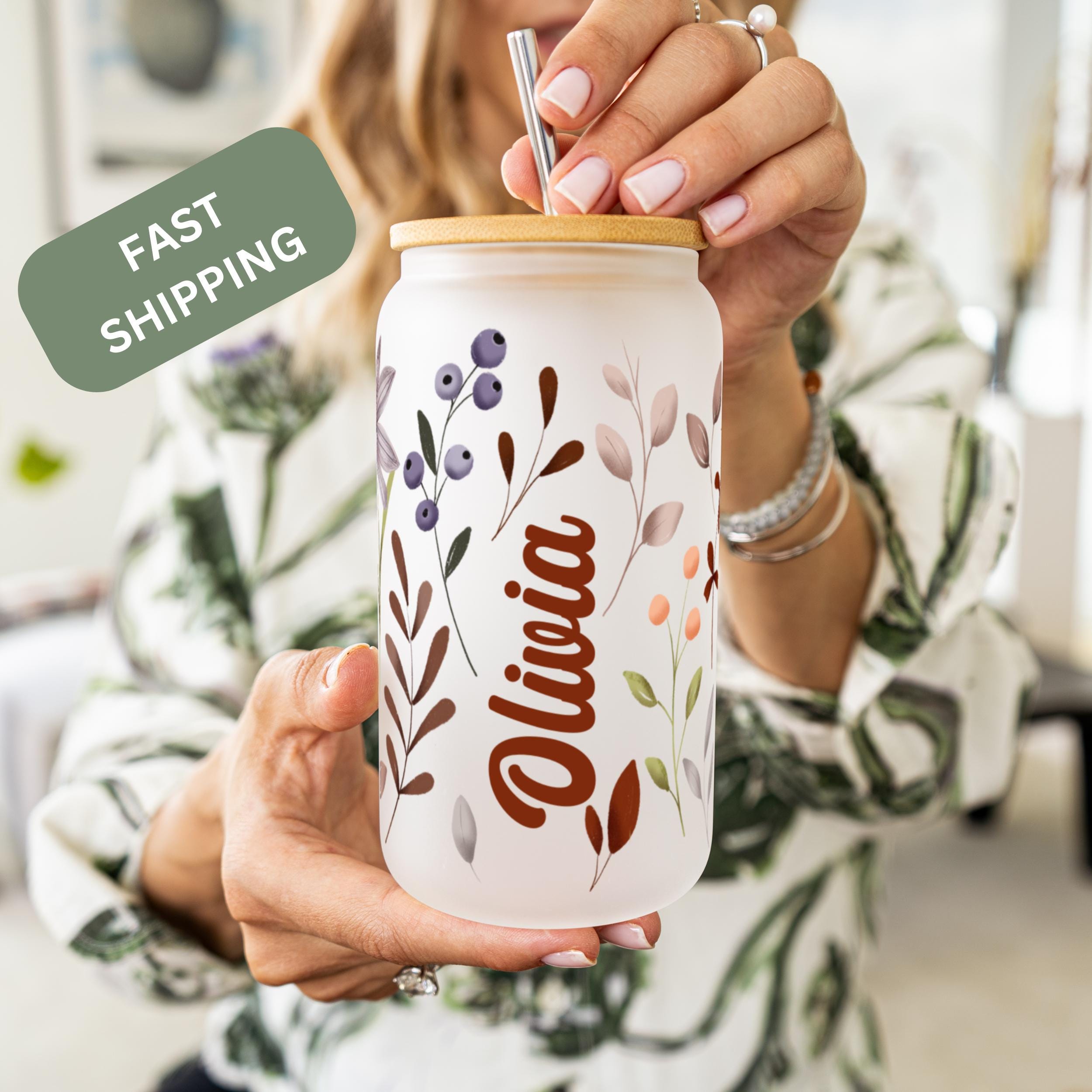 Personalized Iced Coffee Cup Floral Retro Custom Can Glass With Lid and ...