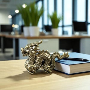 Antique Bronze Dragon Figurine, Solid Brass Paperweight, Chinese Mythical Animal Statue, Home Office Decor, Spring Summer Gift Idea