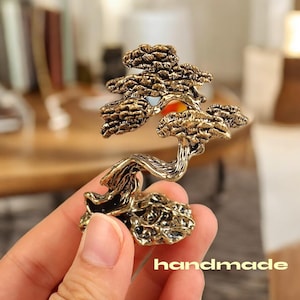 Brass Pine Tree Figurine | Mini Bonsai Statue | Handcrafted Desk Ornament | Zen Landscape Decor | Feng Shui Sculpture