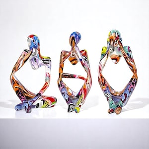 Modern Abstract Pop Art Sculptures Set – Thinking Reading Hearing Figurines for Desk Bookshelf Office Decor – Halloween Home Accent Gift