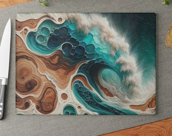 Cutting Board | Ocean Wave Resin Design | Tempered Glass Housewarming Charcuterie Board | Wedding Gift | Decorative Kitchen Serving Board