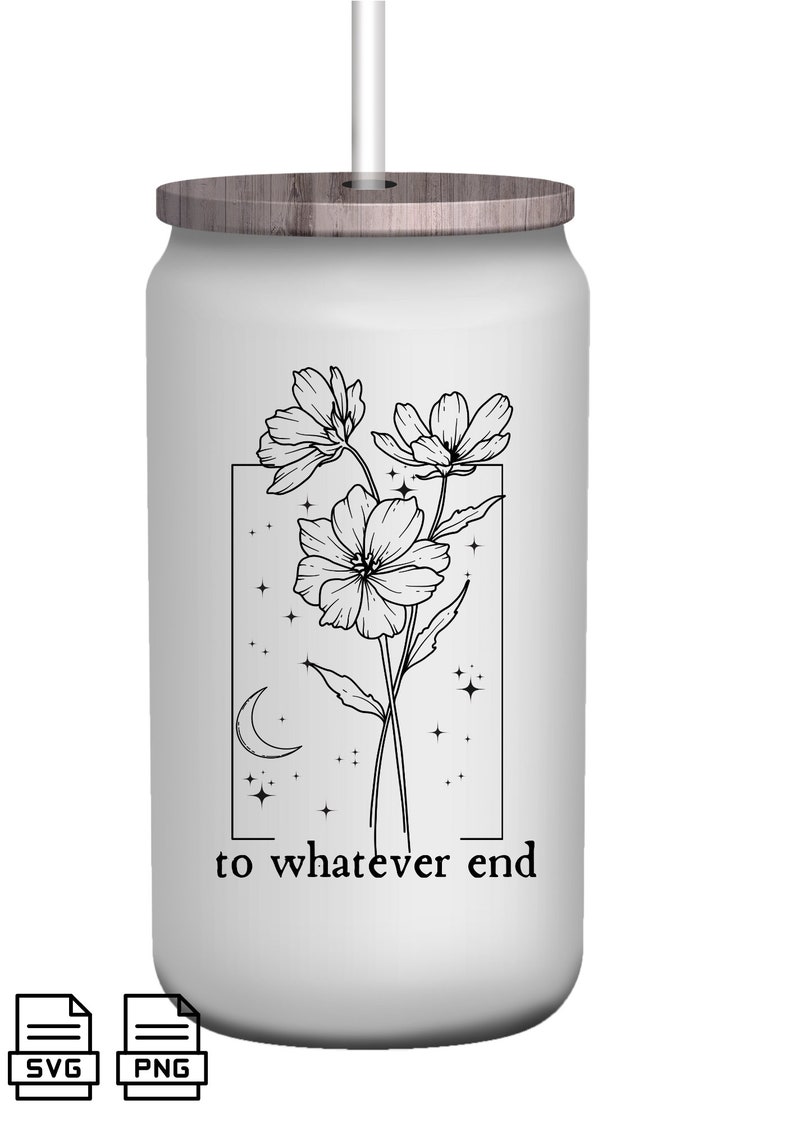 May include: White stainless steel tumbler with a wood lid and a black and white illustration of flowers, a crescent moon, and stars. The text "to whatever end" is printed below the illustration.