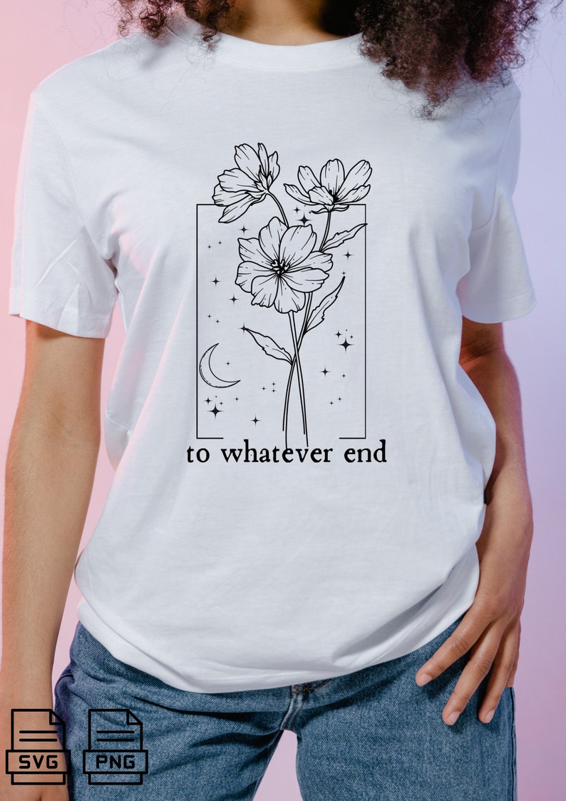 May include: A white t-shirt with a black line drawing of flowers, a crescent moon, and stars inside a rectangle. The text "to whatever end" is below the rectangle.
