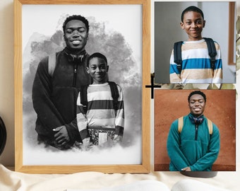 Ajoutez un être cher à la photo, portrait de famille à partir de différentes photos, cadeau pour papa et maman, ajoutez quelqu'un, fusionnez des photos, noir et blanc, art numérique