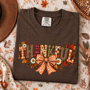 Comfort Colors Thankful Shirt, Boho Patchwork Thanksgiving Tee, Girly Fall Bow T-Shirt