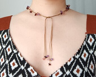 Multicolored necklace, multi-use, amethyst crystal, strawberry quartz, garnet, raw stone, choker, adjustable necklace, Y necklace, gift