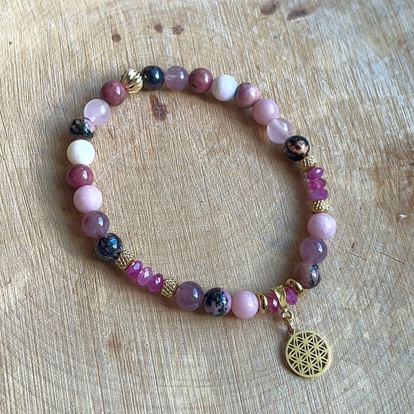 Bracelet en Rhodonite, Opale Rose et Quartz Rose