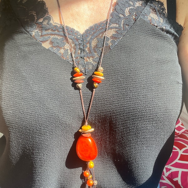 Sautoir réglable Tagua Orange et Oeil du Tigre