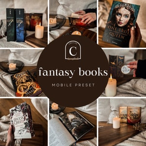Könnte beinhalten: Eine Collage aus Bildern mit Fantasy-Büchern, Kerzen und einem braunen Hintergrund mit dem Text "CREATE C fantasy books MOBILE PRESET".