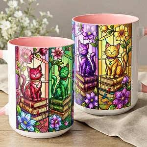 Stained Glass Cat Mug for Mom,  Mother's Day Gift for Cat Lovers, Floral Books Coffee Cup, Reader Mom Present, 15oz Colorful Mug