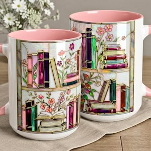 Stained Glass Floral Bookshelf Mug Gift for Teacher, Librarian, Bookworm Friend or Coworker, Colorful Literary Coffee Cup 15oz