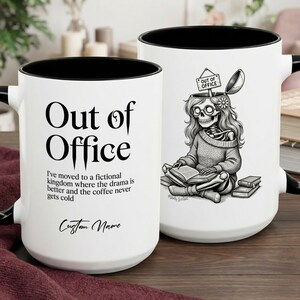 Fictional Kingdom Mug - Out of Office Coffee Cup, Skeleton Reading, Funny Bookish Personalized Reader Gift for Her, Dark Academia Bookworm