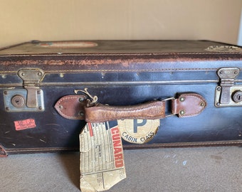 Vintage Leather Large Brown Suitcases x2 + Single Fibre Case All With Labels