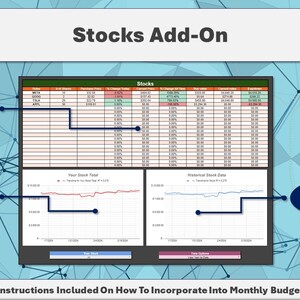 May include: A computer screen displaying a spreadsheet and graphs tracking stock performance. The spreadsheet shows stock symbols, prices, and changes. The graphs show historical stock data. The text "Stocks Add-On" is at the top of the screen. The text "Instructions Included On How To Incorporate Into Monthly Budget" is at the bottom of the screen.