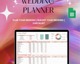 May include: A laptop screen displaying a wedding budget spreadsheet with categories for various wedding expenses, including venue, catering, photography, and more. The spreadsheet includes columns for budget, actual cost, and remaining balance. The spreadsheet is titled "Wedding Budget".