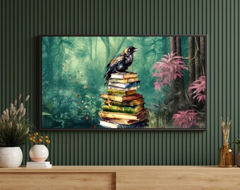 Raven & Books Forest Watercolor Painting Samsung Frame TV Art, Vintage Art, Bird Art, Digital Instant Download Art, Dark Academia Decor