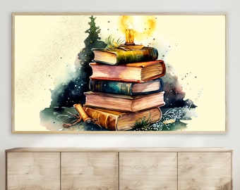 Watercolor Books & Landscape Painting Samsung Frame TV Art, Bookish Digital Instant Download Art, Book Lover Vintage Art Dark Academia Decor