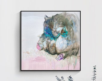 Abstract Painting Canvas，Pig Painting，Large Canvas Art，Pig Oil Painting，Large Oil Painting，Pig Wall Art，Living Room Art