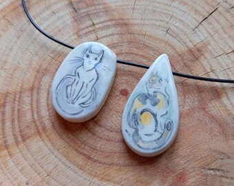 Locket / ceramic pendant white cat and tircolor cat