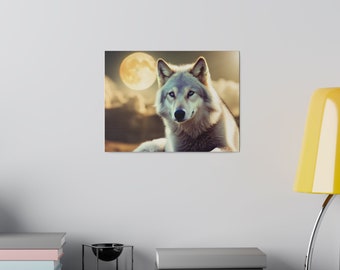 Lunar Wolf Canvas Print - Captivating Full Moon Scene, Stretched Matte Home Accent, Ideal Gift for Wolf Admirers