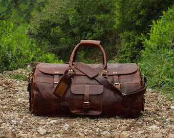 Bolsa de viagem personalizada em couro integral com vários bolsos - Bolsa de fim de semana extragrande para pernoites - Bolsa de viagem em couro legítimo com iniciais