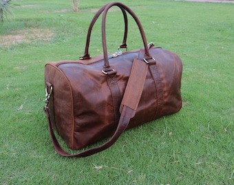 Personalisierte Vollnarbenleder Reisetasche für Herren - Echtleder Weekender Overnight Weekender - Braune Reise-Gym Cabin Duffel Bag