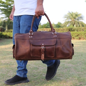 Full Grain Leather Duffle Bag | Men's Leather Travel Bag & Overnight Weekender | Stylish Cabin Luggage Holdall, Large Brown Duffel Gifts him