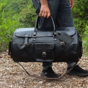 Personalized Black Leather Duffle Bag for Men – Genuine Leather Weekender, Travel Holdall bag, Cabin Luggage Bag, Gift for Him