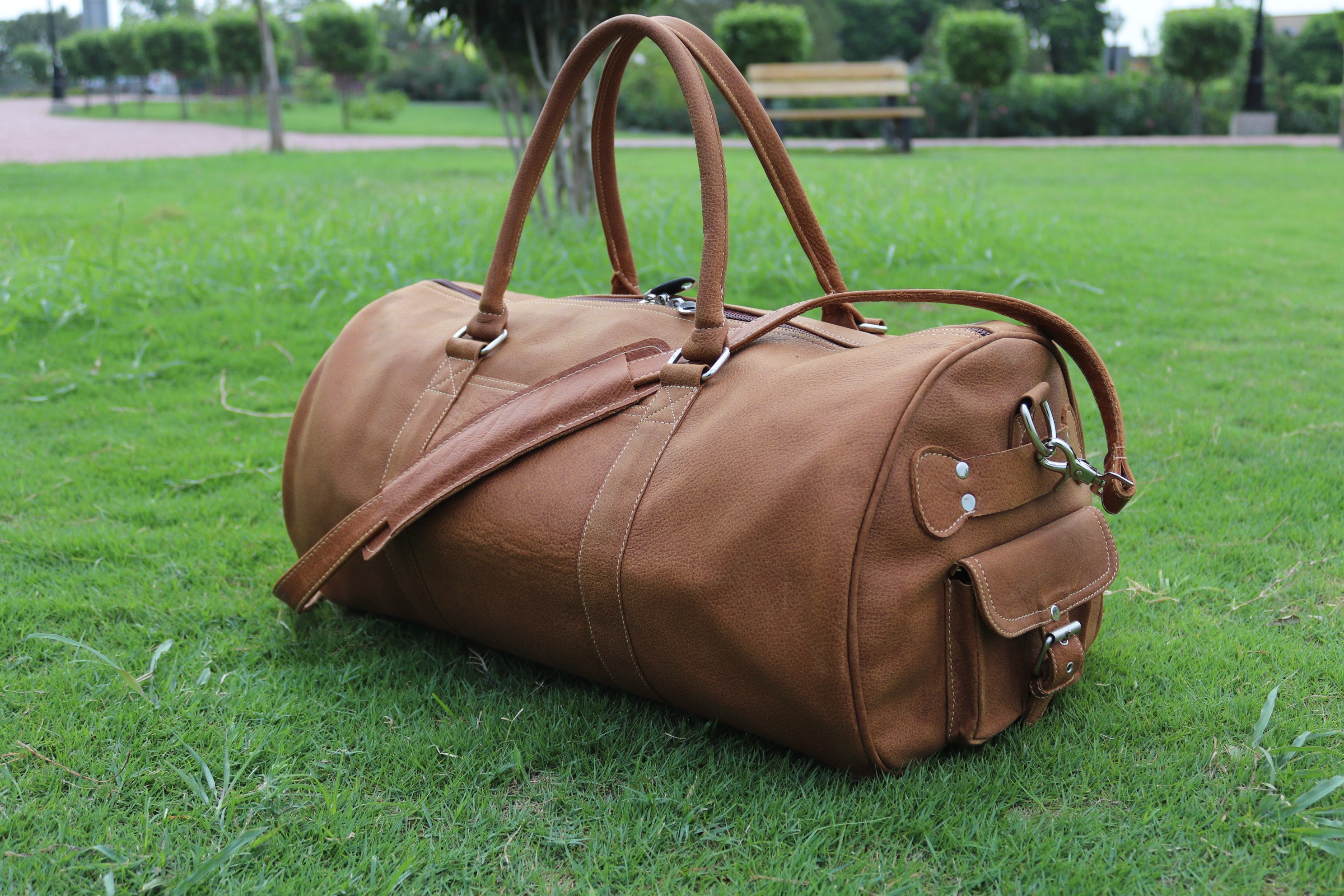 Camel leather duffle bag sale
