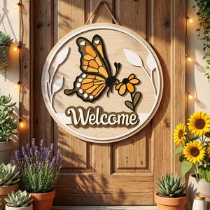 Welcome Laser cut file | Digital Download | Round door hanger svg | laser file | Cricut | Spring decor | Summer | Butterfly door sign