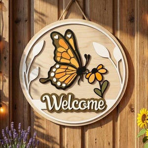 Butterfly Door Hanger SVG | Round Welcome Sign | Laser Cut File | Glowforge File | xTool | LightBurn SVG | Cricut SVG | Spring Decor
