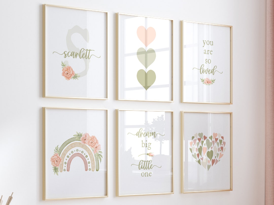 Girl Room Wall Art Personalized Boho Nursery Decor, Name Heart Rainbow ...