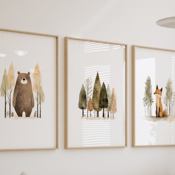Woodland Forest Nursery Wall Art Baby Boy Girl Kid Room Decor, Cute Bear Fox Mountain Nature Wildlife Animals, Print Set Canvas Shower Gift