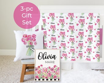 Pink Flower Girls Gift Set Bundle, Personalized Blanket Poster Pillow, Floral Baby Shower Gift, Boho Kid Room Wall Art Nursery Decor S20