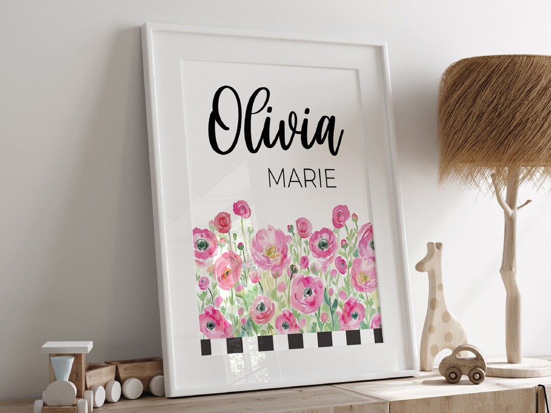 Girly Pink Flower Nursery Wall Art Personalized Girl Name, Floral Boho ...