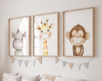 Nursery Decor Wall Art, Jungle Safari Threme Hippo Giraffe Monkey Wallart for Boy Girl, Print Set or Canvas, Neutral Baby Shower Gift PC11B
