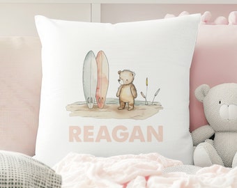 Pillow with Name Girl Gift No Wake Zone, Personalized Beach Nursery Decor, Kid Room Surf Decor, Cute Surfing Teddy Bear Baby Shower Gift P17