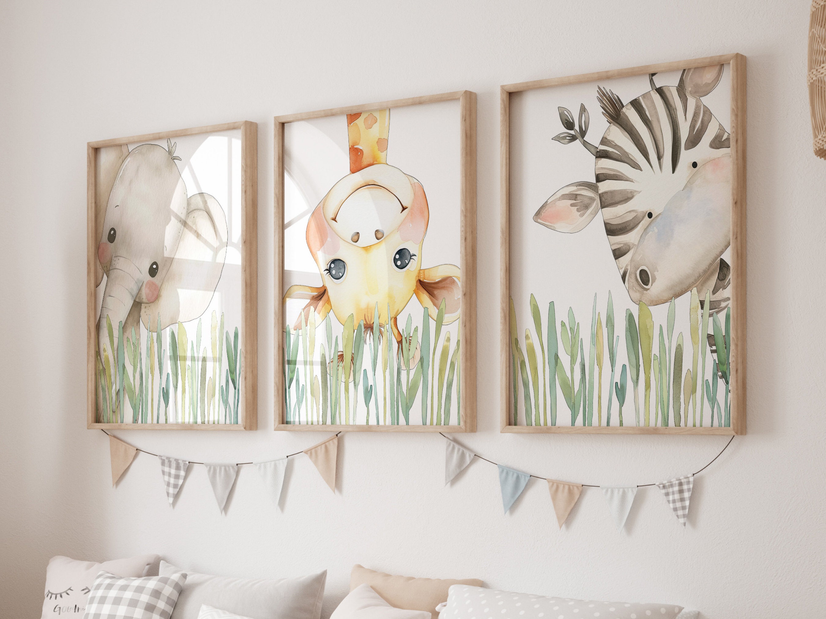 Whimsical Safari Nursery Decor Wall Art, Peeking Peek-A-Boo Jungle Animals,  Giraffe Elephant Zebra Print, Boy Girl Baby Shower Gift PC11